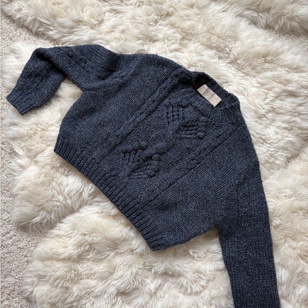keepsake slate blue grey cropped cable knit sweater